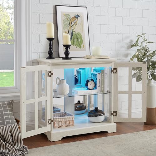LED Curio Display Cabinet with Adjustable Glass Shelves, Retro Lattice Door Bookcase, Antique Home Decor Storage Showcase with Magnetic Closure