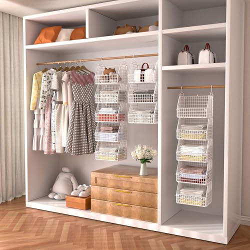 Hanging Closet Organizer and Storage, Clothes Hanging Shelves Wire Baskets for Clothing Sweaters Purse Handbags Shoes White 3 Tier - color: White-3pcs