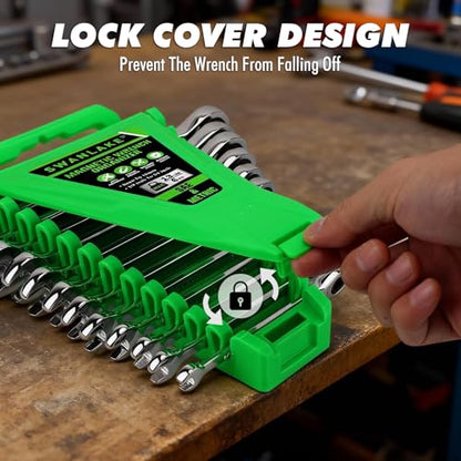 2-Piece Magnetic Wrench Organizer, Metric & SAE Portable Plastic Wrench Holder, 24-Slot Total, Foldable Carrying Handle for Wall-Mounted, Easy-Open Lock Cover, Wrenches Storage Rack Tool for Tool Box - style: 24-Slot with Cover
