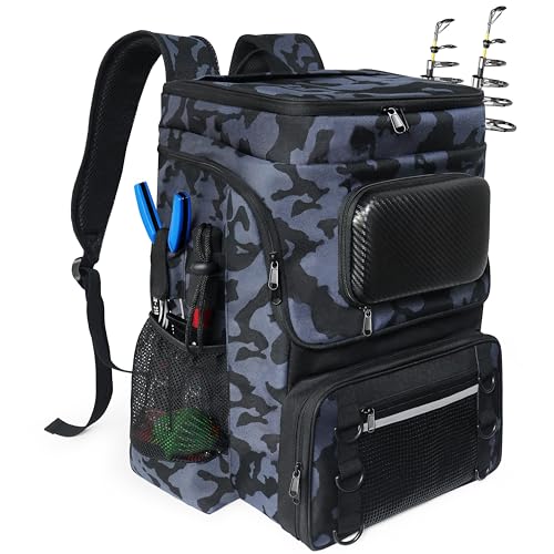 Fishing Backpack with Rod Holder, Large 50L Tackle Bag Water Resistant Tackle Backpack Heavy Duty Fishing Bag Gift for Men Woman