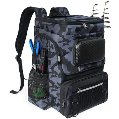 Fishing Backpack with Rod Holder, Large 50L Tackle Bag Water Resistant Tackle Backpack Heavy Duty Fishing Bag Gift for Men Woman