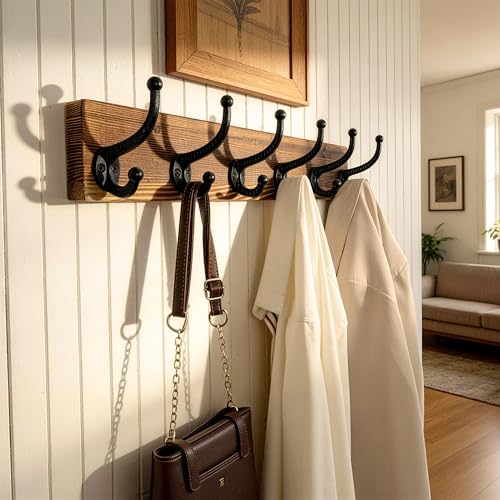 WEBI Rustic Coat Rack Wall Mount,24" Long 6 Cast Iron Coat Hooks Wall Mounted,Heavy Duty Wood Wall Coat Hanger Hooks for Hanging Coats,Jacket,Clothes,Backpack,Farmhouse,Brown,2 Packs - color: Brown, size: 24 Inch(2 Packs)