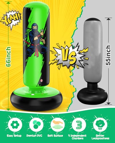 QPAU Punching Bag for Kids, 66 Inch Stable Inflatable Boxing Bag with Boxing Gloves, Stand Kids Punching Bag Toy for Boys & Girls Age 6-12, Boxing Set for Practicing Karate, Taekwondo, MMA - color: Green