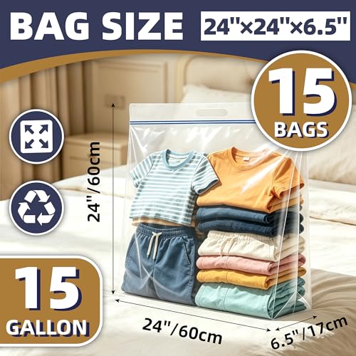 Heavy Duty 15 Gallon Clear Zipper Bags with Handles, 3.5 Mil Thick 24x24 Inch Storage Bags 15 Pack for Moving, Home and Travel Use - size: 15 Large