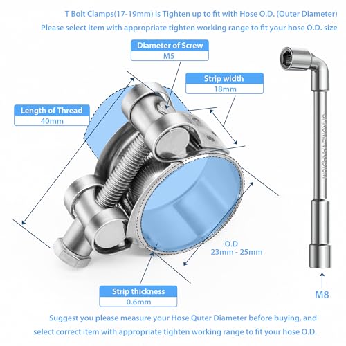 6 Pack 23-25mm (0.9-0.98") T-Bolt Hose Clamp,Stainless Steel_304 Intercooler Pipe Tube Clamps,Turbo Pipe Clamps,Heavy Duty Radiator Hose Clamp, T-bolt Intake Clamp - size: 0.90 - 0.98 inches, style: 6pcs t bolt hose clamp with 1pcs Socket Wrench