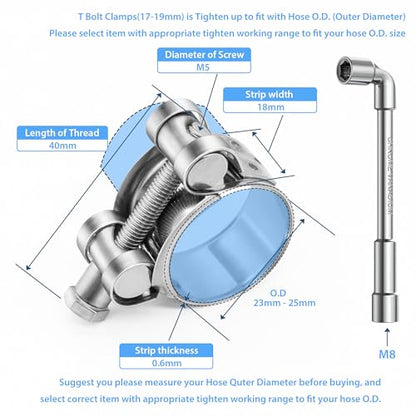 6 Pack 23-25mm (0.9-0.98") T-Bolt Hose Clamp,Stainless Steel_304 Intercooler Pipe Tube Clamps,Turbo Pipe Clamps,Heavy Duty Radiator Hose Clamp, T-bolt Intake Clamp - size: 0.90 - 0.98 inches, style: 6pcs t bolt hose clamp with 1pcs Socket Wrench