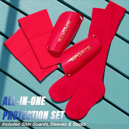 XZQTIVE Soccer Shin Guards with Shin Sleeves and Soccer Socks, Football Shin Pads Set for Kids Youth and Adult - color: red, size: L(Youth/Adult)