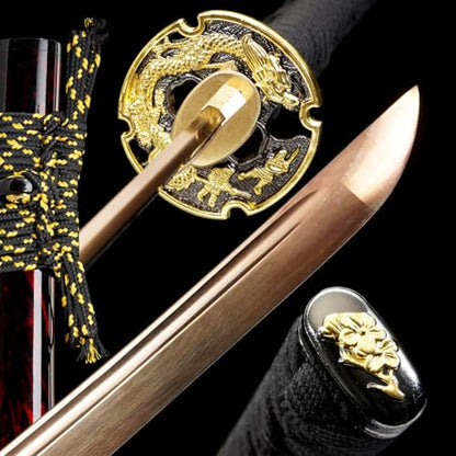 OYZ Real Katana Japanese Samurai Sword, Unique Gift for Men Full Tang Clay Tempered t10 Steel Blade, Spring Steel Memorable for Martial Arts Enthusiasts or Collectors. - style: Golden Dragon themes