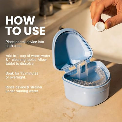 Denture Bath Case for Retainers, Phthalate-Free, No-Spill Strainer by M3 | 1 Case & Strainer for Invisalign Retainers, Baby Pacifiers, Mouth, Night & Snore Guards, Portable Soaking & Easy Rinsing - size: 1 Count (Pack of 1)