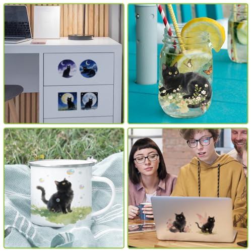 arricraft 10 Pcs Cat Theme Cup Printing UV Transfer Papers, 10 Styles Watercolor Fantasy Black Cat PVC DIY Heat Transfer Stickers for 16 OZ Glass Cups Crafts 9.5x4.3inch - style: Cat Theme