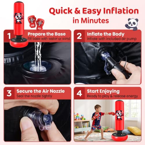 Qoosea Punching Bag for Kids 48in Dinosaur Toys Boxing Bag Set with Gloves - color: Dark Red
