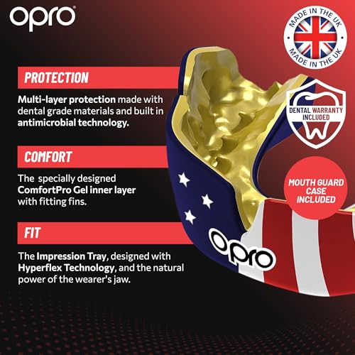 OPRO Instant Custom-Fit Mouthguard – Dentist Level Gum Shield Adult and Kids – OPRO Mouth Guard Boxing and MMA, Self-Fit Gum Shield Rugby – Maximum Protection with Dental Warranty (USA Gold) - color: Usa Gold, size: Adult (10+)