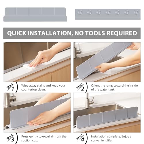 23Inch Sink Splash Guard – Extended Length & Tall Silicone Kitchen Sink Splash Guard with Overhang Drainage Design, High Splash Wall & Strong Suction Cups for Countertop (Grey, 23''x3.5'')