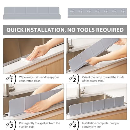 23Inch Sink Splash Guard – Extended Length & Tall Silicone Kitchen Sink Splash Guard with Overhang Drainage Design, High Splash Wall & Strong Suction Cups for Countertop (Grey, 23''x3.5'')