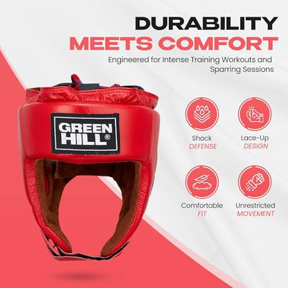 Green Hill Five Star Leather Boxing Headgear for Men & Women | AIBA-approved leather head guard for boxing, MMA and Muay Thai with secure fit and impact protection during sparring. - color: Red