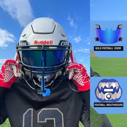 LeCool Football Mouth Guard with Connected Strap- 3D Beast Chrome Adult and Youth Mouth Guard-Mouth Piece for Sports for Maximum Air Flow and Teeth Protection - color: Blue-silver