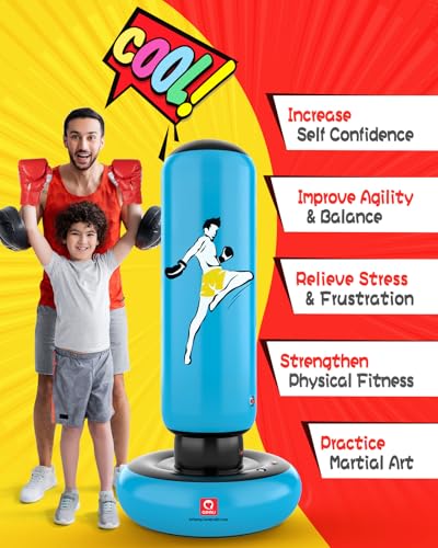 QPAU Inflatable Punching Bag for Kids with Boxing Gloves, 66 in, Blue