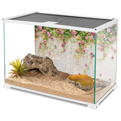 AWERT 72x24 inches Glitter White Brick Wall Aquarium Background Pink Flowers Plant Leaves Spring Garden Scenery Fish Tank Backdrop Reptile Habitat Background Vinyl Backdrop - size: 72x24in/180x60cm