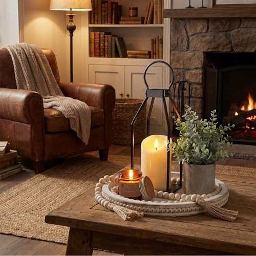 Novabright 6 Pcs Simple Lines Farmhouse Lantern Decor Set Candle Lanterns Decorative Indoor with Wooden Tray Bead Aromatherapy Candle Faux Plant Rustic Decor for Living Room Mantel Housewarming Gift - style: Simple Lines