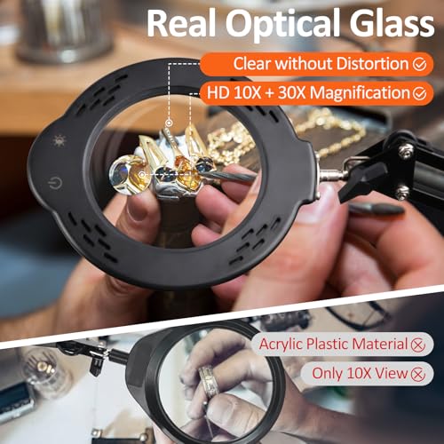 Magnifying Glass with Light and Stand, 10X 30X LED Desk Magnifier with Real Glass Lens, 5 Color Modes, 3 Brightness Levels, Hands-Free Magnifying Lamp for Reading, Crafts, Electronics and Jewelry