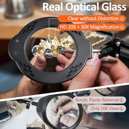 Magnifying Glass with Light and Stand, 10X 30X LED Desk Magnifier with Real Glass Lens, 5 Color Modes, 3 Brightness Levels, Hands-Free Magnifying Lamp for Reading, Crafts, Electronics and Jewelry
