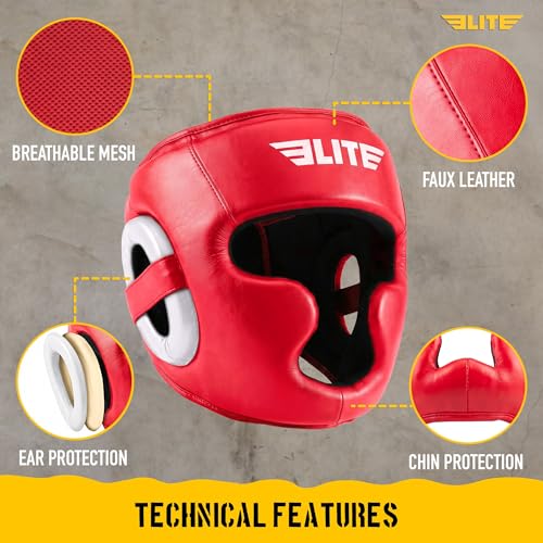Elite Sports Boxing Headgear Men, Boxing Head Guard Sparring Gear, MMA Headgear Kickboxing Muay Thai Training Helmet, Protective Fighting Gear, Adjustable Face Protection - color: Red