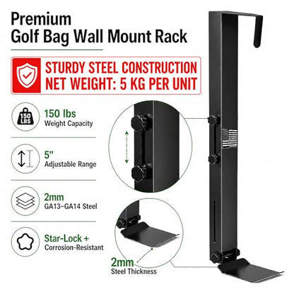 150LBS Wall Mount Golf Bag Storage StandOrganizer Rack for Garage | 13-14 Gauge Steel Golf Bag Rack, Adjustable Height, Foldable Star Lock, Fits Stand/Cart/Travel Bags, Basement & Home Use