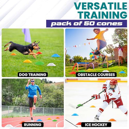 Soccer Cones 100/50/25 Pack with Carry Bag & Holder Five Colors | Agility Disc Cones Set for Training | Sports Practice Equipment for Soccer, Football, Basketball, Coaching & Speed