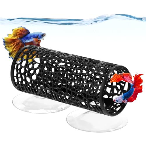 2 Pcs Betta Fish Toy Tunnels Small Hole Hollow Cave Betta Tunnel Guppies Hideout Tube with Suction Cup for Small Fish & Shrimp Hiding Resting Playing (Black)