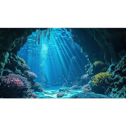 Under The Sea Aquarium Background Underwater Grotto with Soft Corals Reefs Fish Tank Background Blue Ocean Tropical Cave Sunlight Rays Deep Sea Fish Tank Backgrounds Aquarium Wallpaper 24x12in