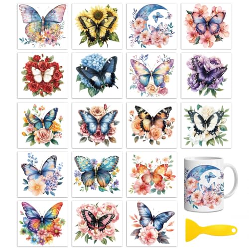 Peacoblue 18 Sheets Rub on Transfers for Crafts, Butterfly and Flower 3.6"x3.9" UV DTF Cup Wraps Waterproof Rub on Cold Transfers Stickers for Wood Glass Metal Cup Tumblers Mirrors Mugs Home Decor - style: Butterfly and flower