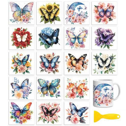 Peacoblue 18 Sheets Rub on Transfers for Crafts, Butterfly and Flower 3.6"x3.9" UV DTF Cup Wraps Waterproof Rub on Cold Transfers Stickers for Wood Glass Metal Cup Tumblers Mirrors Mugs Home Decor - style: Butterfly and flower
