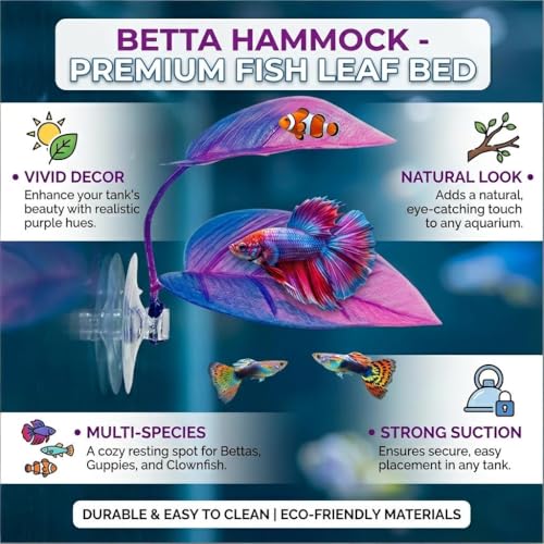 Betta Hammock - Purple Fish Leaf Bed for Bettas, Guppies and Clownfish Aquarium Decoration with Suction Cup