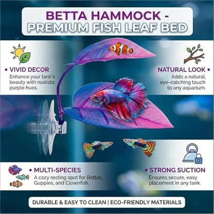 Betta Hammock - Purple Fish Leaf Bed for Bettas, Guppies and Clownfish Aquarium Decoration with Suction Cup