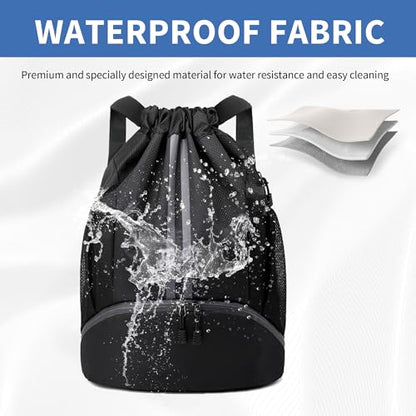 JELUTAR Drawstring Backpack Gym Bag with Shoes Compartment, Black - color: Black, size: Medium