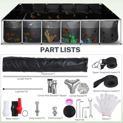 Hemobllo Above Ground Pool with Clear Viewing Panel and Drain Valve, 750 Gal Canvas Fish Pond for Outside Rectangular Goldfish Tank with Stainless Steel Frame for Backyard Breeding Koi Outdoor - Black