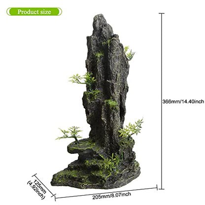 14.4" Tall Aquarium Cave Decor, Large Resin Mountain Hideout with Artificial Plants, Rock Shelter for Betta & Cichlid, Landscape Ornament for 20-40 Gallon Freshwater & Saltwater Tank