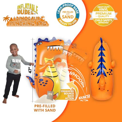 INFLATABLE DUDES Kids Punching Bag- Bop Bag | Sand-Base - color: Orange Rex | Pre-filled with Sand, size: 47"