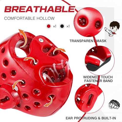 2 Pcs Taekwondo Karate Headgear MMA Martial Arts Helmet Soft Head Guard Protection Sparring Gear Helmet Boxing for Men Women Thai Kickboxing Grappling Muay Taekwondo - color: Red and Black, size: Large