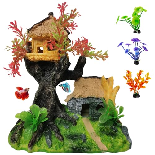 4PCS Aquarium Decoration, Fish Tank Artificial Resin Castle Ornaments, Betta Tank Landscape Decorations with Plastic Plants for Shrimp Fish Climbing Hiding - style: Country Rustic