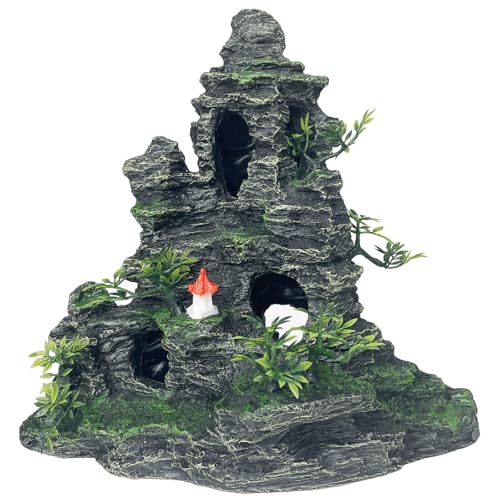 Aquarium Decor - Tall and Large Mountain Rock Ornament for Fish Tank, Aquarium Hideout with Rock Texture for Betta, Guppy, Shrimp - Aquatic Hide Decoration, Fish Hiding House（Red Tower）