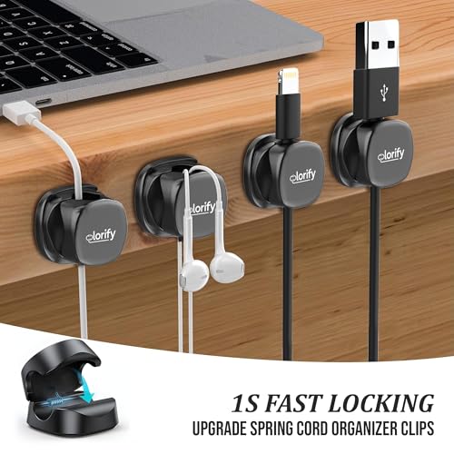 12 Pack Rotatable Spring Cable Clips, Adhesive Cord Organizer for Charging Cords, Phone Charging Clips, Laptop, Nightstand & Desk Cable Management for Home & Office Use (Black)