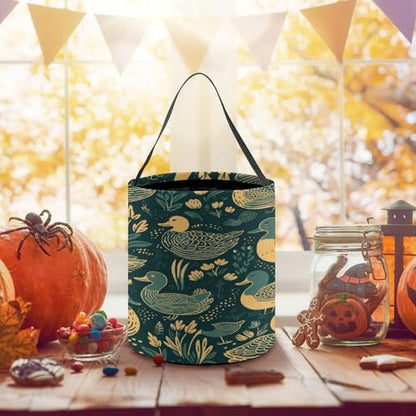 Halloween Trick Or Treat Bags With Handles Collapsible Candy Bucket Reusable Duck Pattern Green Printed Goody Bucket For Holiday Party Gifts - color: Duck Pattern Green