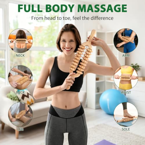 Liitrton Manual Wooden Massage Roller Stick for Muscle Relief, 18-Wheel - size: 18-Wheel