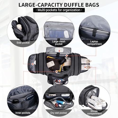 WITZMAN Mens Duffle Bag Expandable 45L Travel Gym with Shoe Compartment - color: Silvery Grey