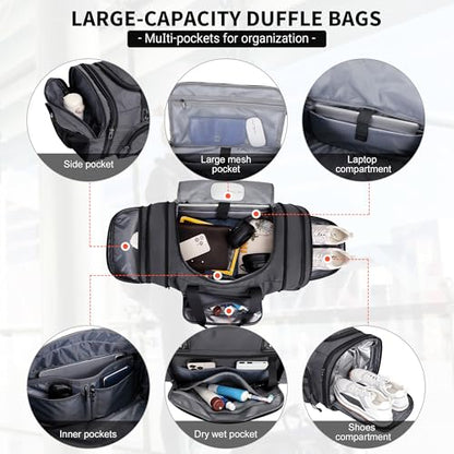 WITZMAN Mens Duffle Bag Expandable 45L Travel Gym with Shoe Compartment - color: Silvery Grey