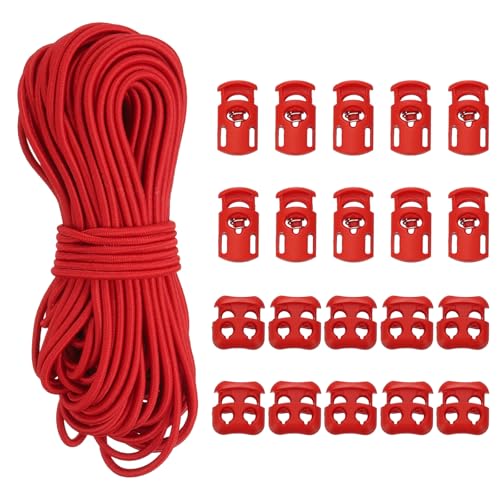 YELARXI Cord Locks, Elastic Cord, Spring Toggle Stopper Slider 50 ft & Bright Red - color: Bright Red