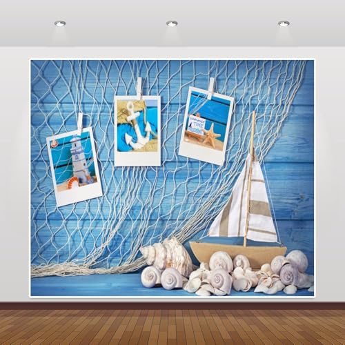 Blue Wooden Wall Nautical Backdrop Photography Sailing Adventure Rudder Seashell Sailing Wheel Helm Fishing Net Starfish Photo Backdrop Summer Nautical Party Baby Shower Birthday Background Decoration