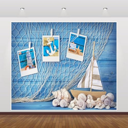 Blue Wooden Wall Nautical Backdrop Photography Sailing Adventure Rudder Seashell Sailing Wheel Helm Fishing Net Starfish Photo Backdrop Summer Nautical Party Baby Shower Birthday Background Decoration