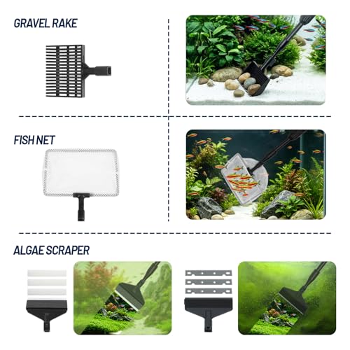 RUKANG Fish Tank Cleaner, 6 in 1 Aquarium Cleaning Tools Kit with 23~34 Inches Adjustable Long Handle Replaceable Blade Silicone Strip Algae Scraper Scrubber Brushes Set